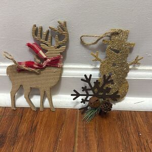 (2) Handmade Reindeer Snowman Christmas Ornaments Sparkly 4” x 6” Jingle Bells
